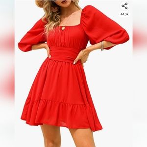 Women's Lantern Sleeve Tie Back Casual Dresses Ruffled Off Shoulder A-Line